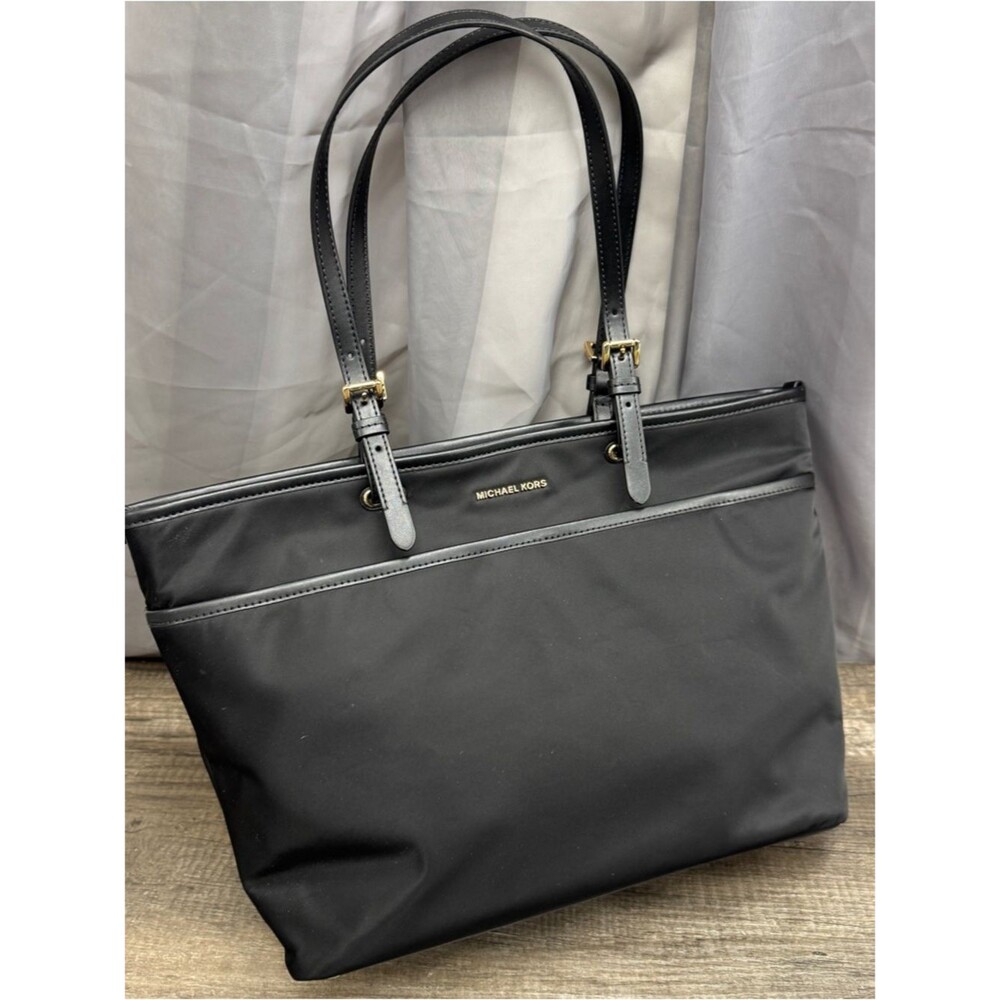 Michael Kors Large Winston Black Nylon Pocket Tote Bag with Gold Hardware.